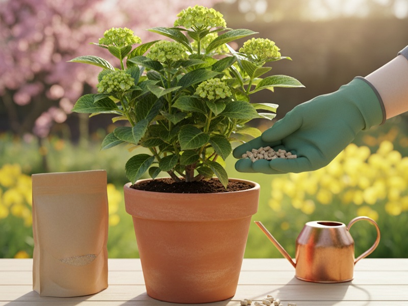 春の紫陽花に肥料を与える作業の様子。近くに肥料と水差しが置かれている