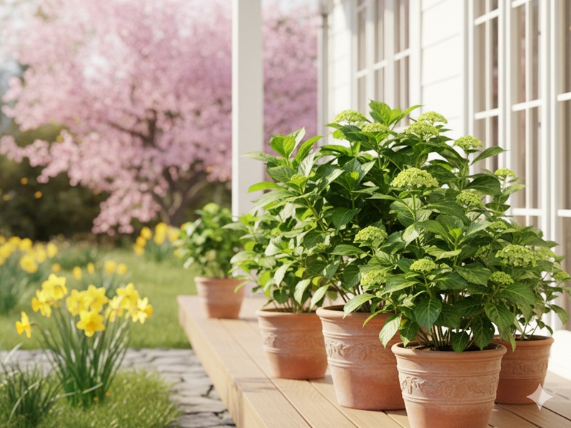 春の紫陽花を軒下で日当たりと風通しを確保して育てている