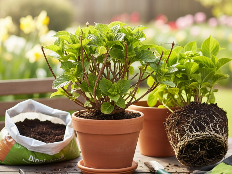 春に根詰まりした紫陽花の鉢植えを植え替えている様子