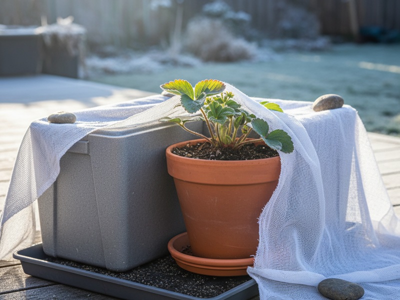 冬越し準備のためにプランターと鉢に不織布をかけたイチゴの様子