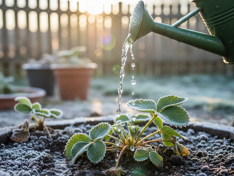 霜が降りた朝にジョウロで水をかけている鉢植えのいちご