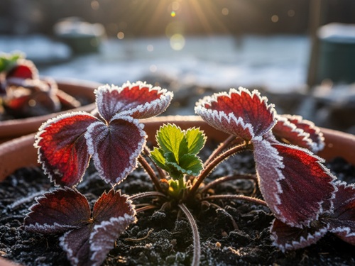 霜に当たって葉が茶色くなった冬のいちごの株