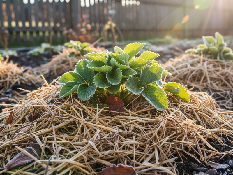 冬越しのため株元にワラを敷いた地植えのいちご